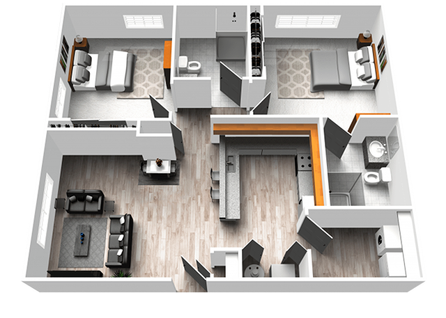 A 3D image of the 2BR/2BA floorplan, a  squarefoot, 2 bed / 2 bath unit