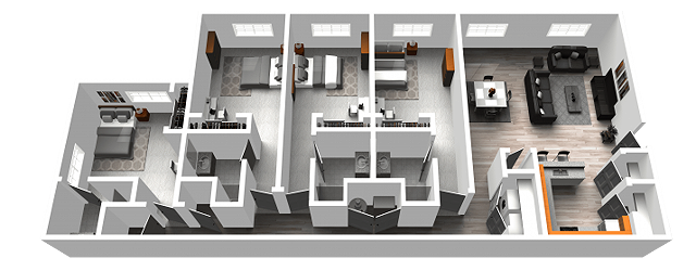 A 3D image of the 4BR/4BA floorplan, a  squarefoot, 4 bed / 4 bath unit