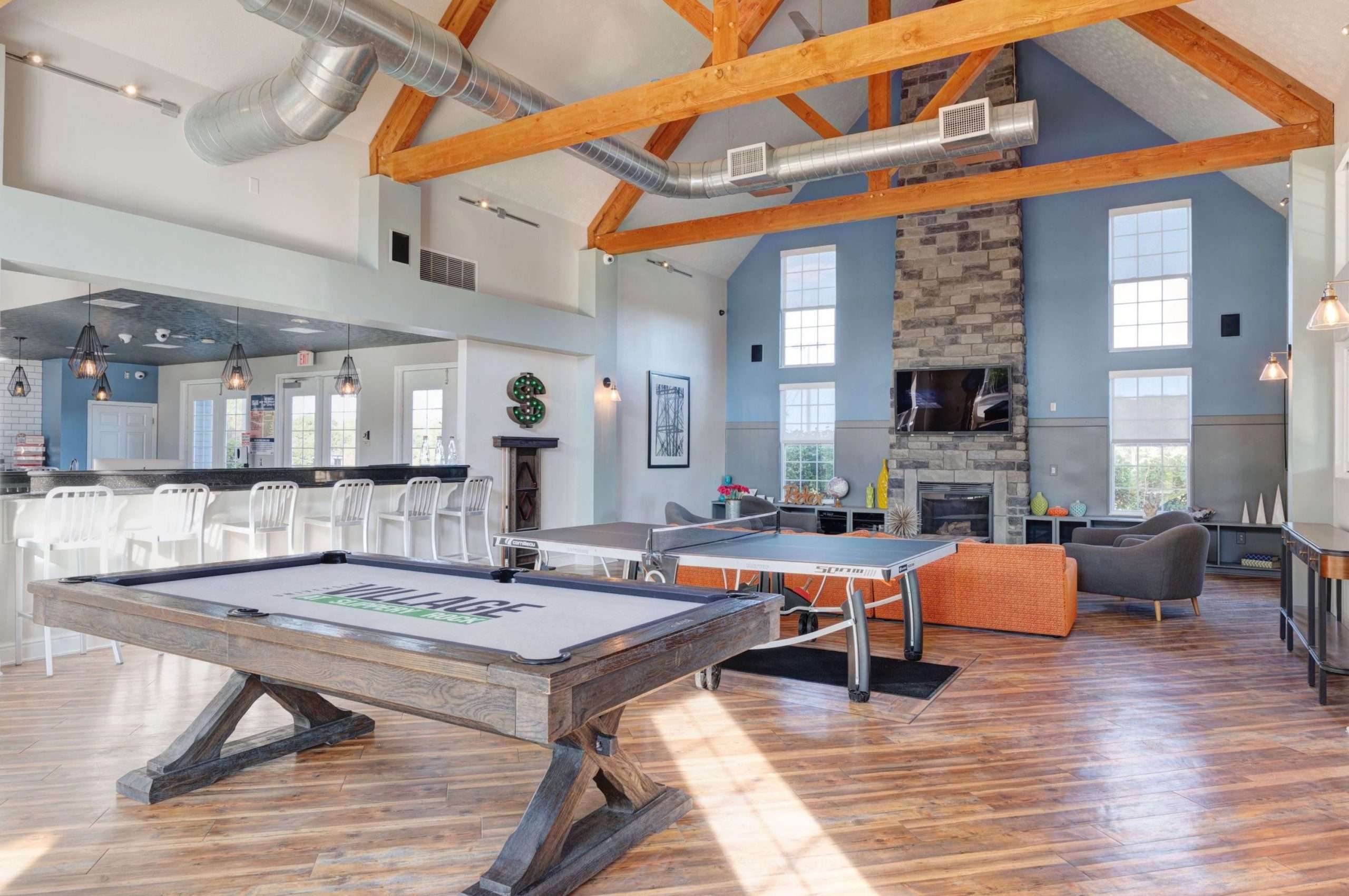 a pool table in a large room