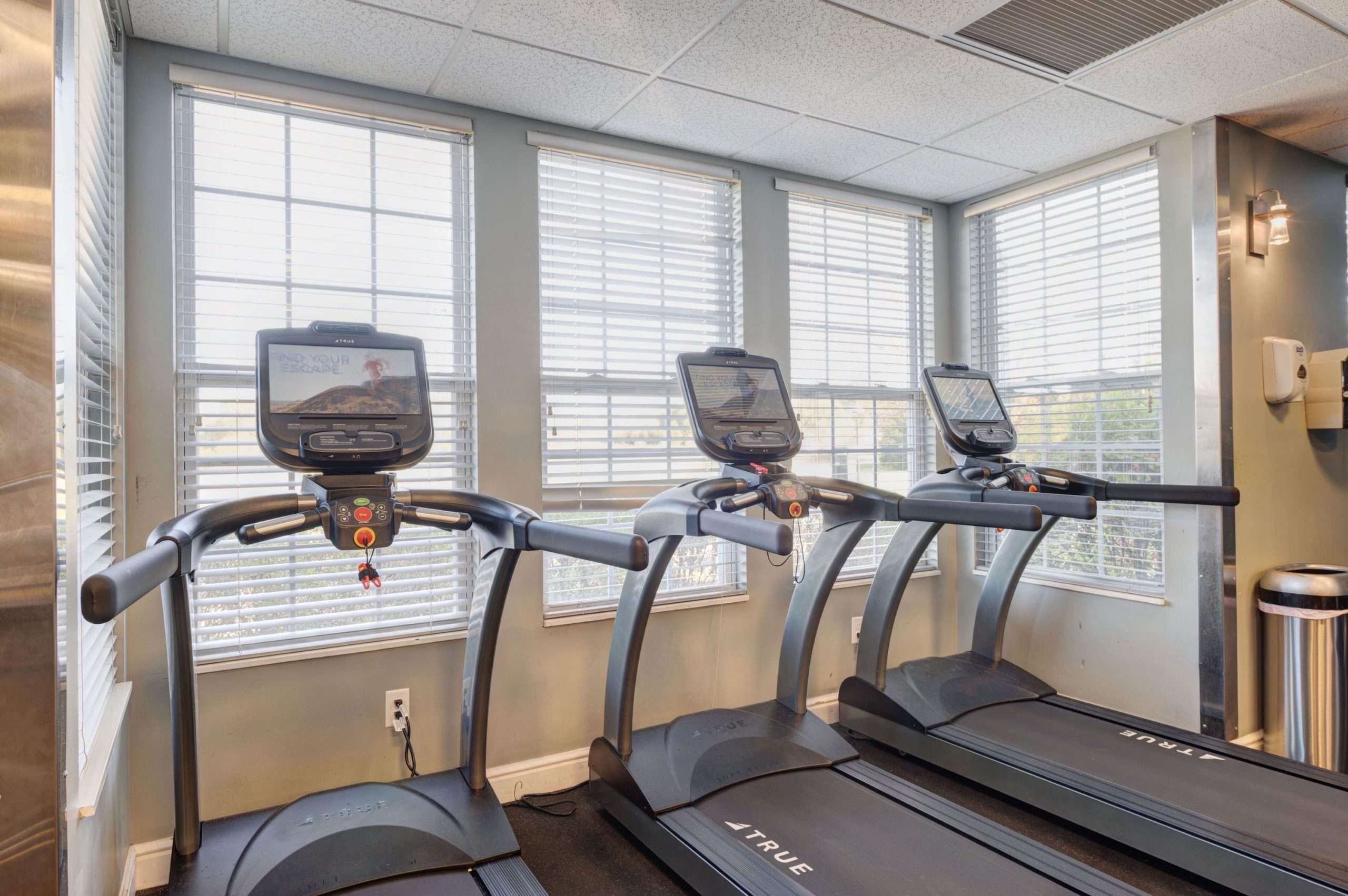 a row of treadmills in a room