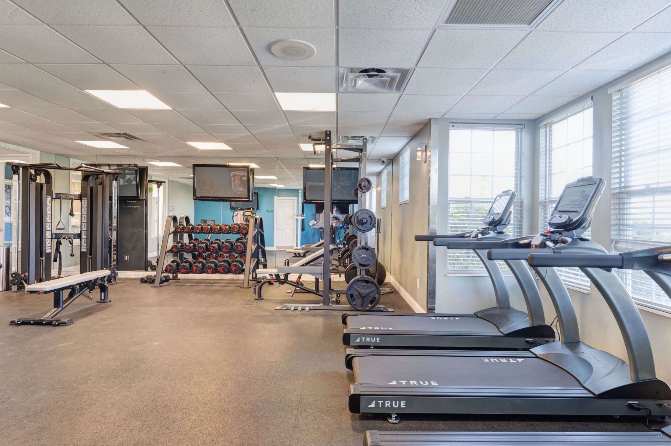 a gym with treadmills and exercise equipment