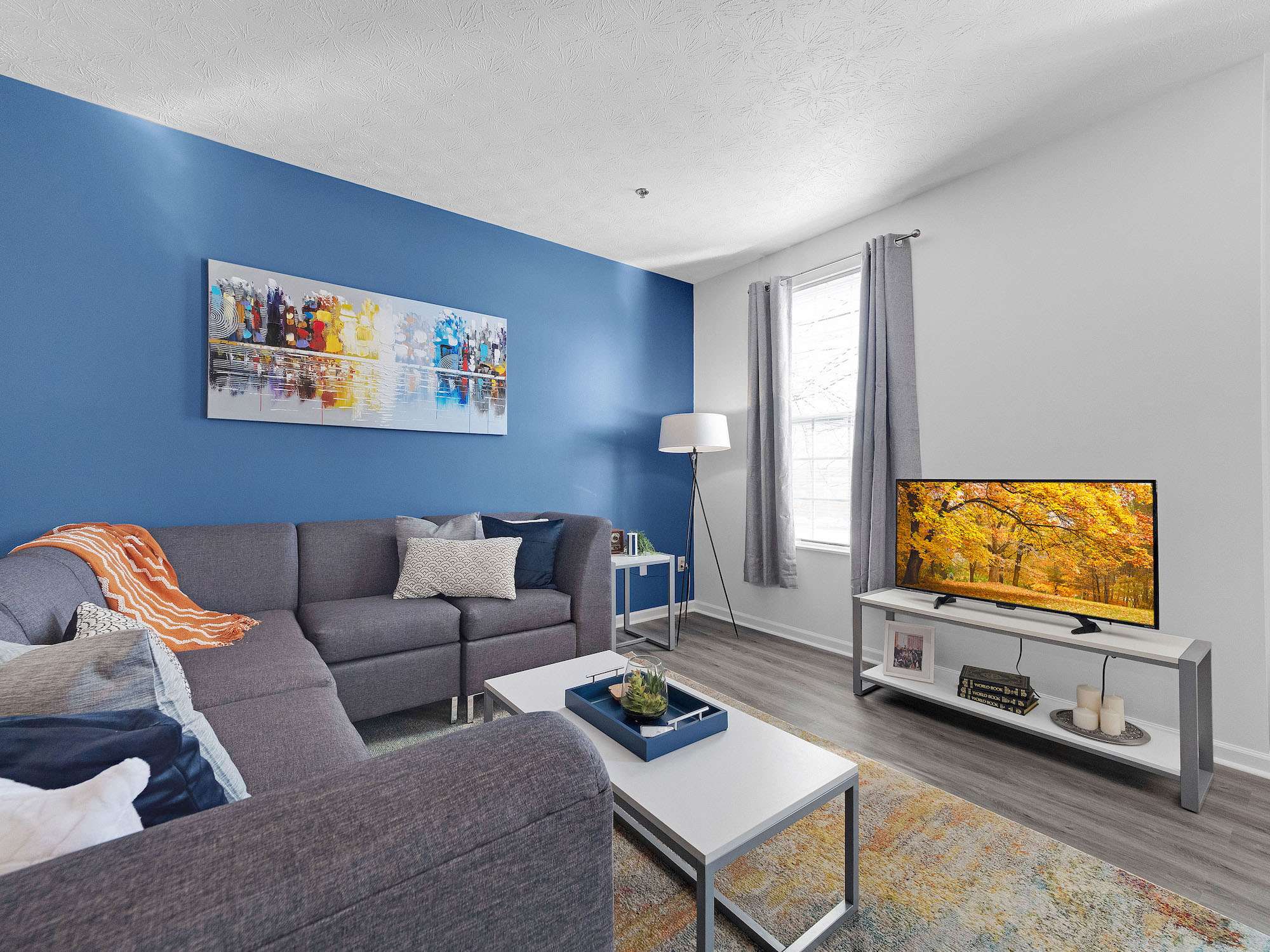 a living room with a couch and a tv